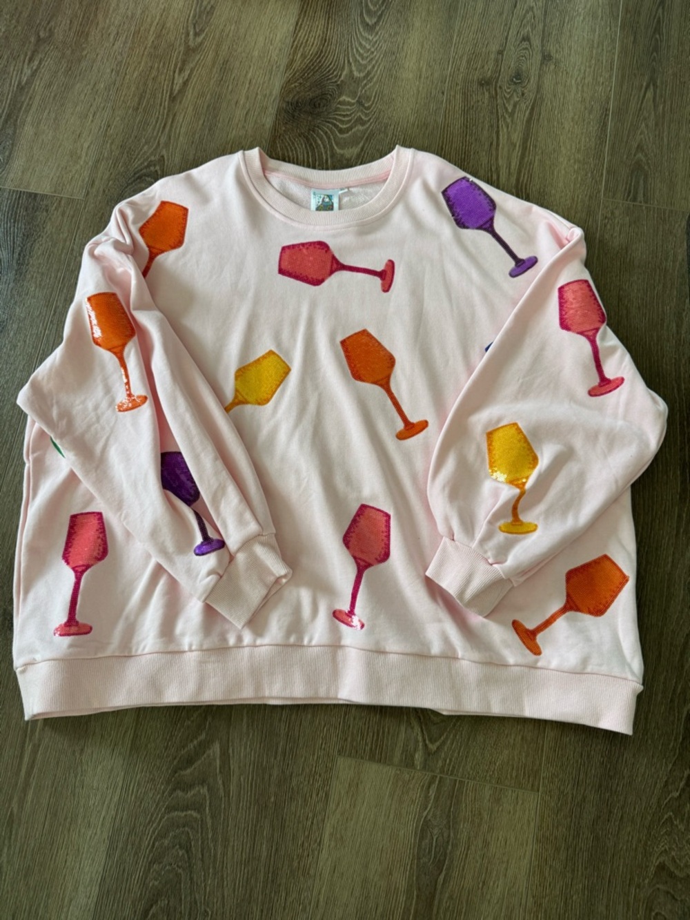 QUEEN OF SPARKLES Light Pink Sequin Wine Glass Sweatshirt